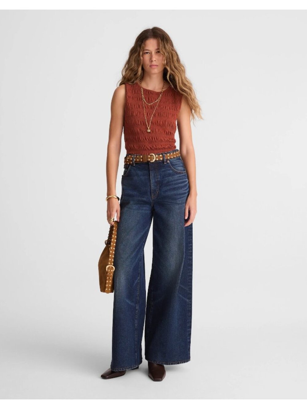 Madewell Smocked Boatneck Tank Top Women’s XS Henna Brown Cotton Linen Blend NWT - Picture 15 of 16